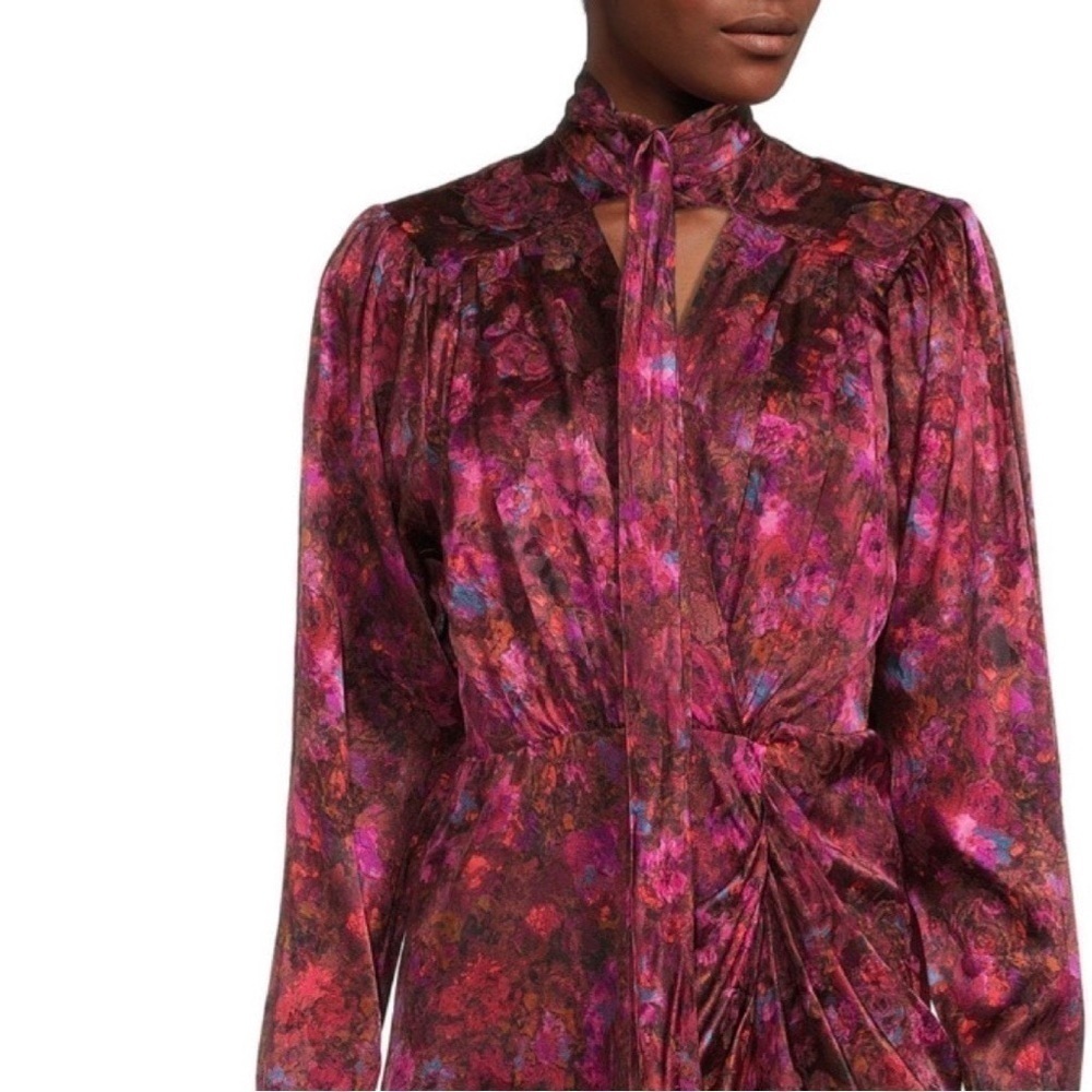 NWT RONNY KOBO Lula Silk Floral Draped Bow Burgundy Mini Dress Sz S - Picture 2 of 6